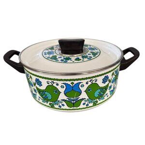 Vintage 70s Fancipans Blue And Green Bird Paisley Stock Pot With Lid Enamel Wear